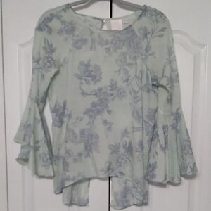 LC Lauren Conrad Gray and Blue Asymmetrical Bell Sleeve Blouse